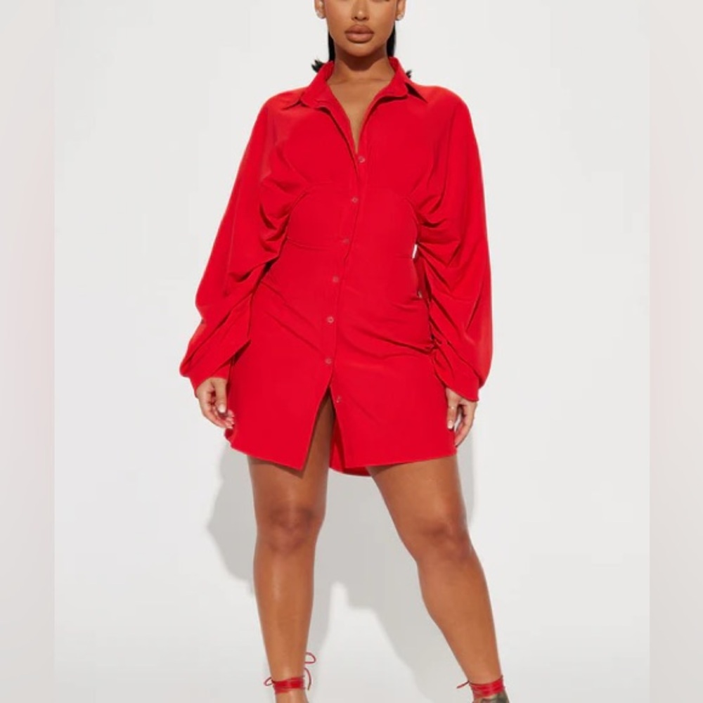Fashion Nova Get The Fax Shirt Dress Red Button Down Collar Dolman Sleeves NWT S
